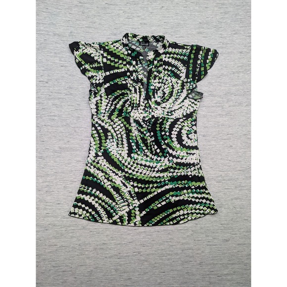 Maurices Babydoll Womens Small Green Black Geometric Ruffle Sleeve Stretch y2k - Picture 7 of 10